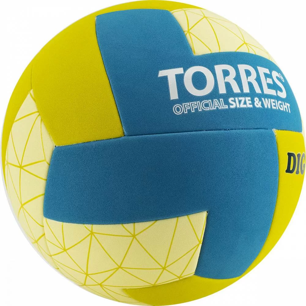 Реальное фото Мяч волейбольный Torres Dig р.5 синт. кожа горчично-бирюзово-бежевый V22145 от магазина СпортЕВ