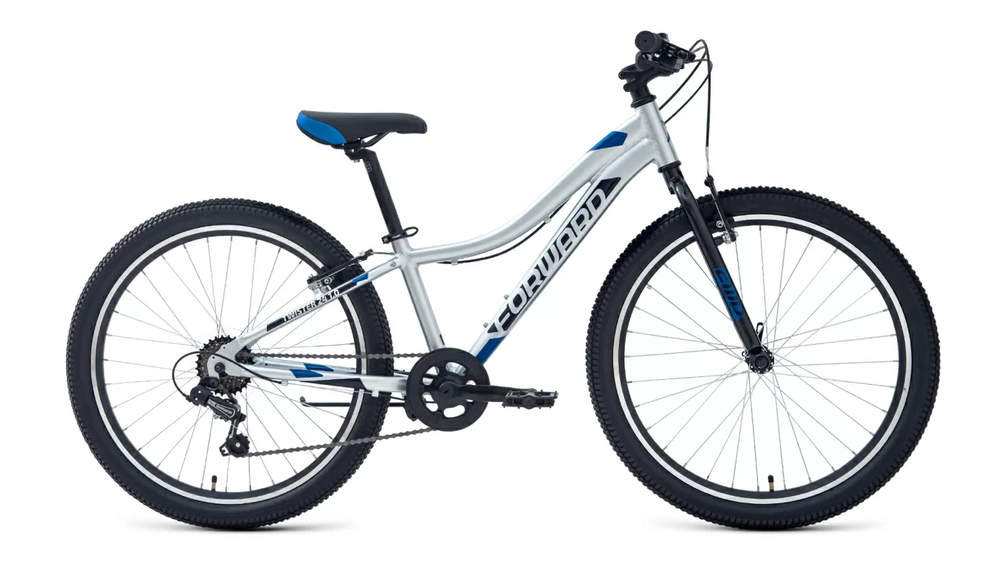 Реальное фото Велосипед Forward Twister 24 1.0 (7ск) (2021) серебристый/синий от магазина СпортЕВ