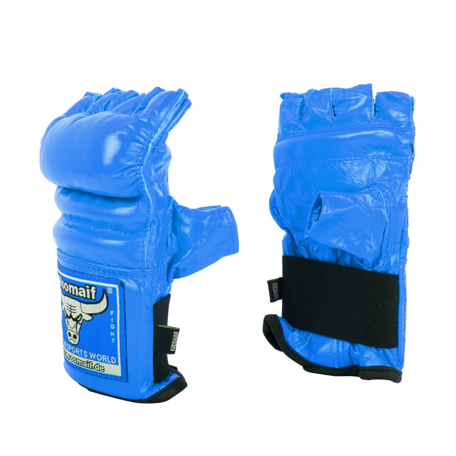 Реальное фото Перчатки для единоборств Roomaif MMA RBM-124 кожа blue от магазина СпортЕВ
