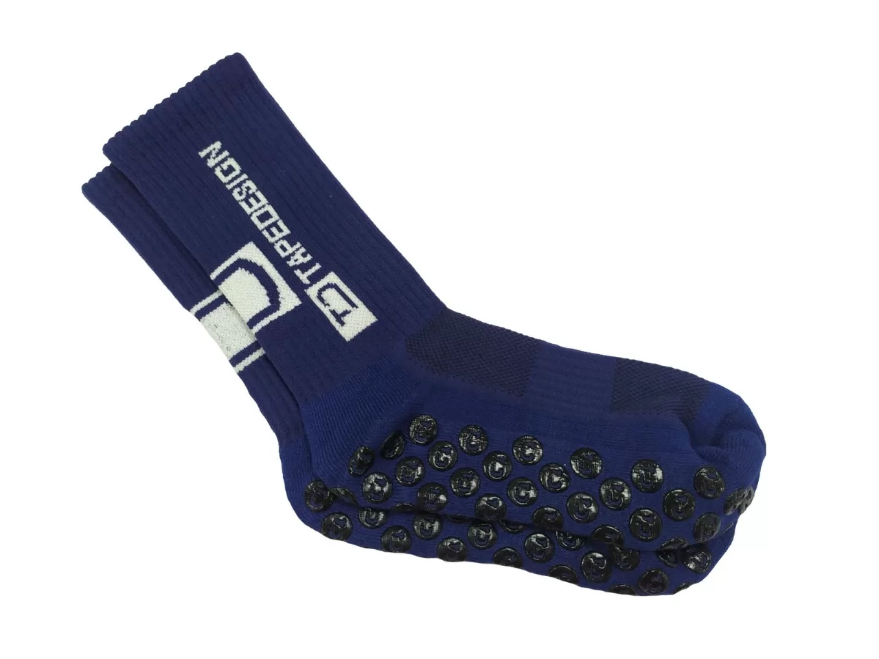 Реальное фото Носки футбольные нескользящие с надписью Tapedesign темно-сине-белые от магазина СпортЕВ